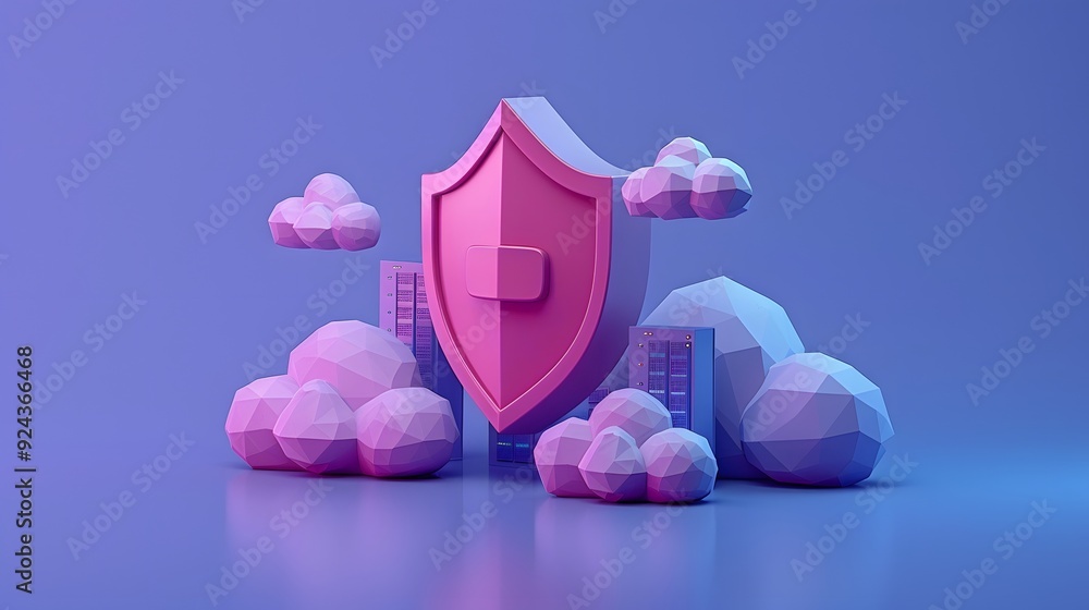 Poster 3d render of a shield surrounded by clouds and buildings, symbolizing cloud security and data protec