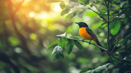 A Vibrant Yellow Bird Perched on a Branch in a Lush Forest