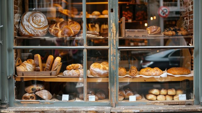 A bakery window display with an array of beautiful pastries and bread.