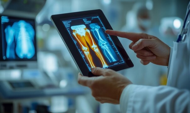 Orthopedics surgeon doctor using digital tablet and examining and recording patient's knee joint x-ray films, MRI bone, ct scan at radiology orthopedic unit in hospital. knee joint film, Generative AI