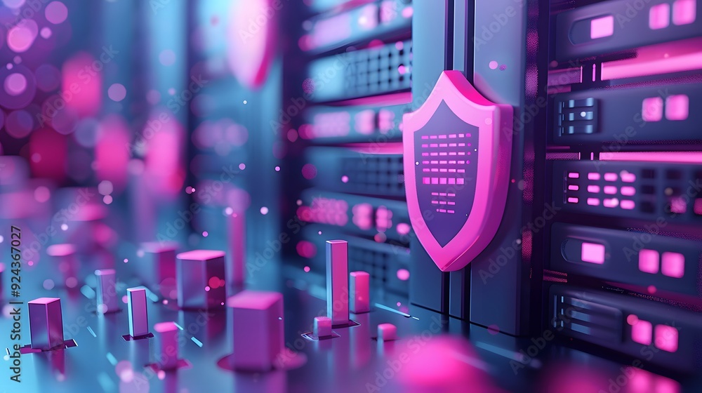 Poster a colorful data center with servers and cyber security shield, illustrating a concept of data protec
