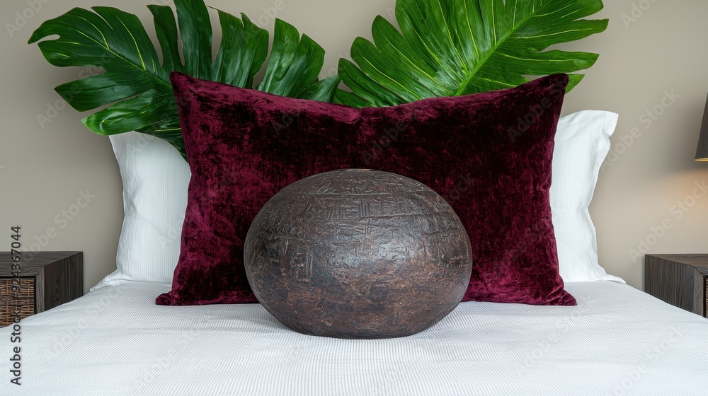 Poster tropical leaves and decorative sphere on bed