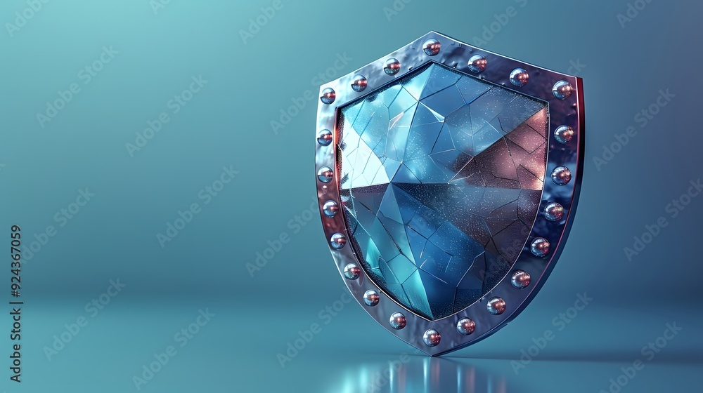 Poster a crystal shield with a gem-like texture against a gradient blue background symbolizing protection a