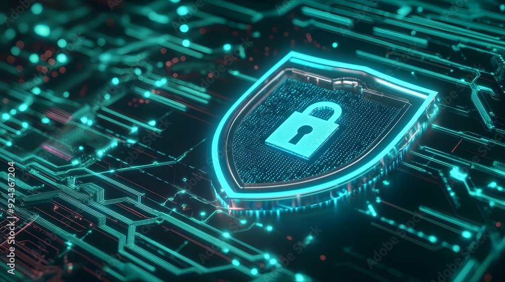 Poster a digital security shield with a lock symbol on a glowing circuit board, representing cyber protecti