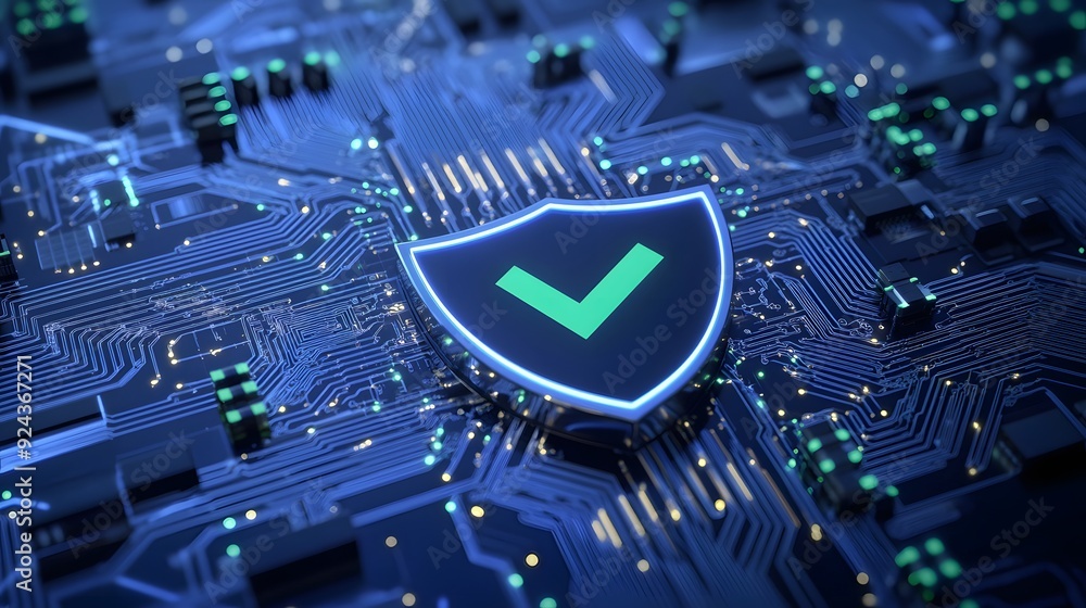 Poster a digital shield icon with a check mark signifies cybersecurity and data protection on a futuristic 