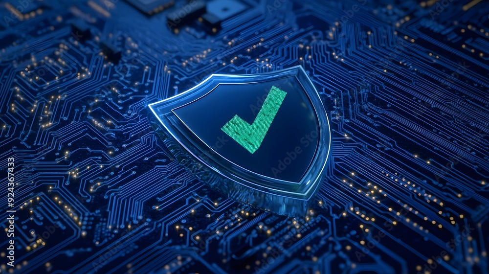 Aufkleber a digital shield with a check mark symbol representing cybersecurity on a blue circuit board backgro