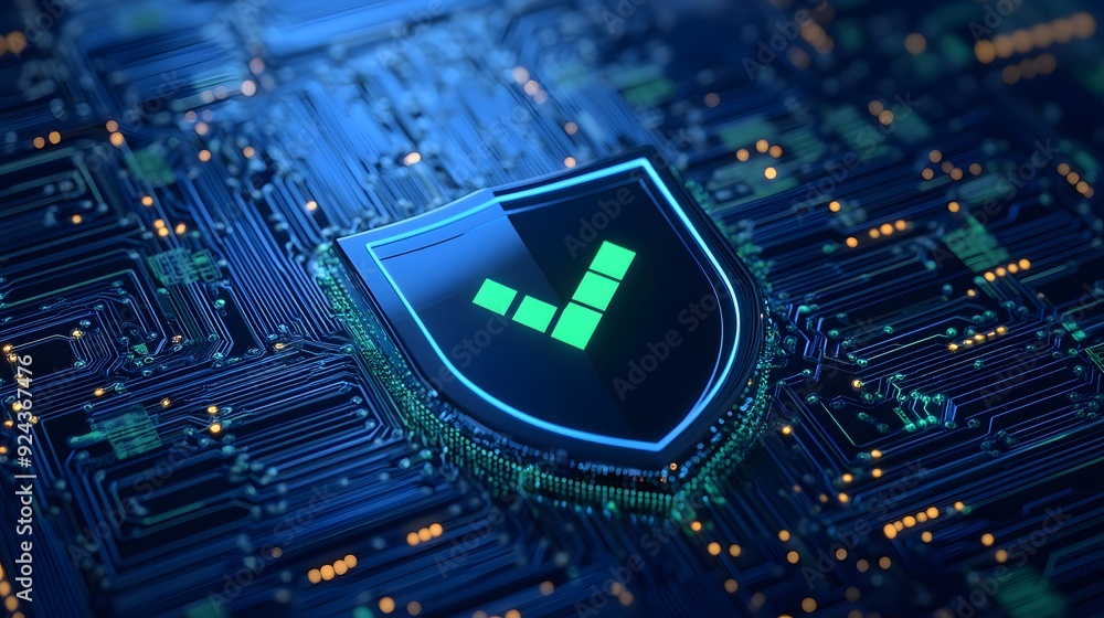 Poster a digital shield with a green check mark symbolizing cybersecurity protection on a blue circuit boar