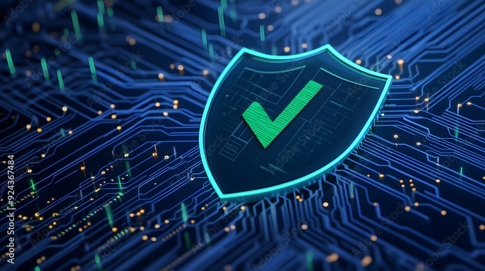 Poster a digital shield with a check mark symbolizing cybersecurity and data protection on a blue circuit b