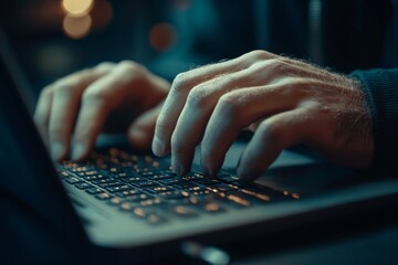 Close up of man hands typing on laptop computer keyboard, searching information, surfing the internet on dark office desk, distance job, online working, business and technology, Generative AI