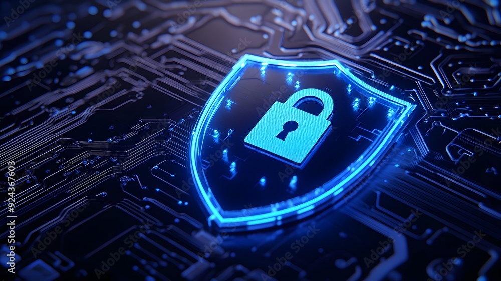 Poster a digital shield with a lock icon representing cybersecurity and data protection on a circuit board 