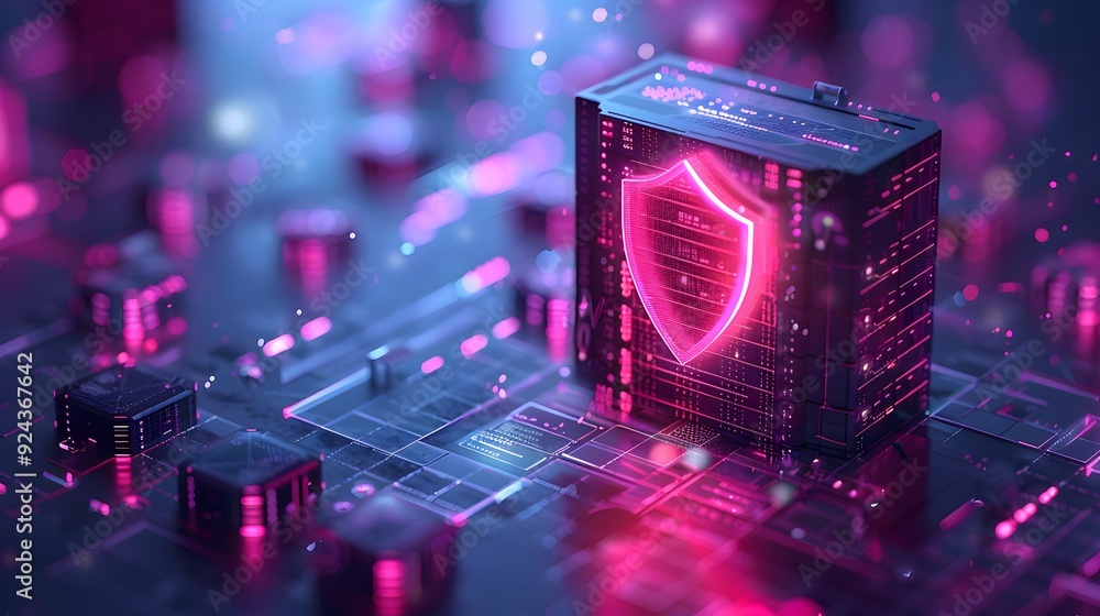 Poster a futuristic digital security concept showing a glowing shield icon on a server in a cyber network w