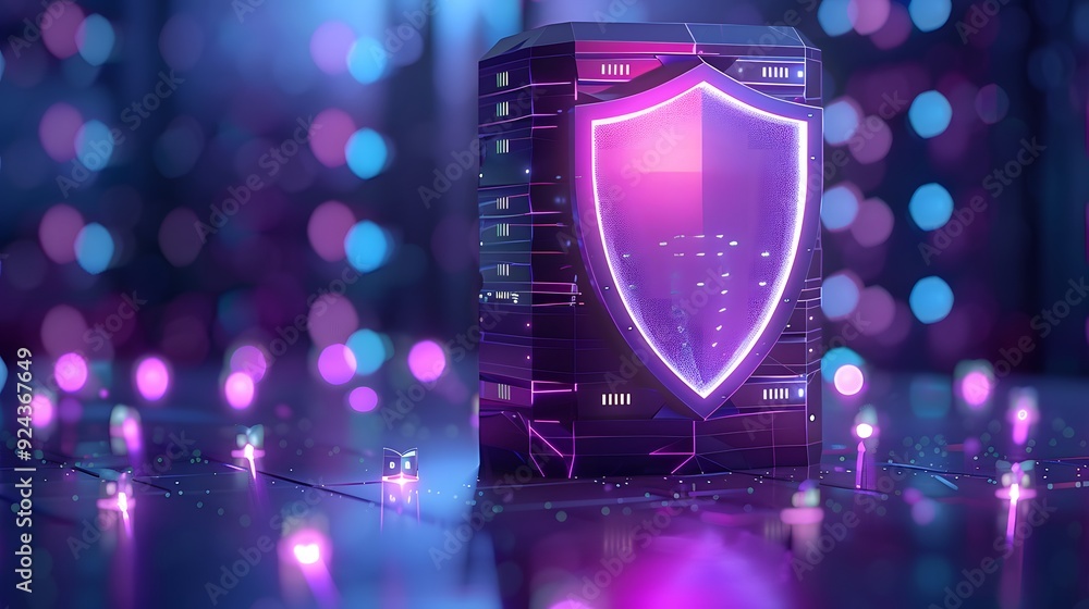 Poster a futuristic digital shield glowing with neon lights symbolizes cybersecurity and data protection in
