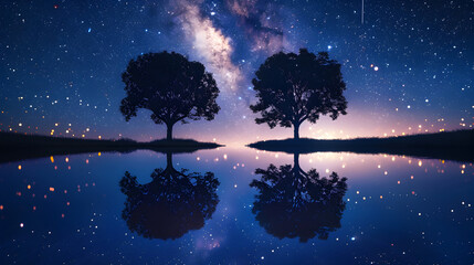 Two trees silhouetted against a starry night sky, reflected in a calm lake.