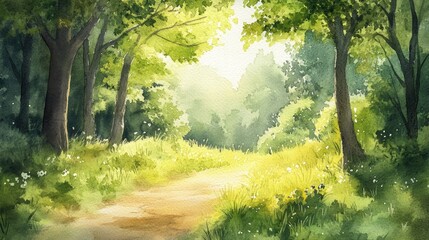 Obraz premium Watercolor Painting of a Path Through a Sun-Dappled Forest