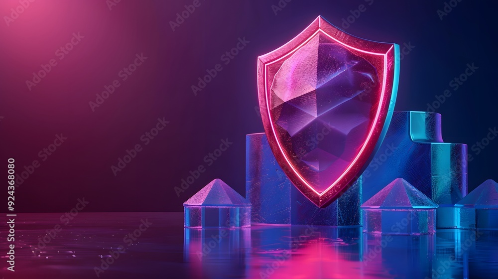 Poster a glowing futuristic shield with neon lights symbolizing cybersecurity and data protection in a digi