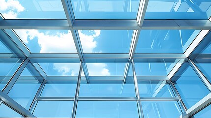 Glass panels ceiling roof producing geometric designs on a background of a lovely blue sky