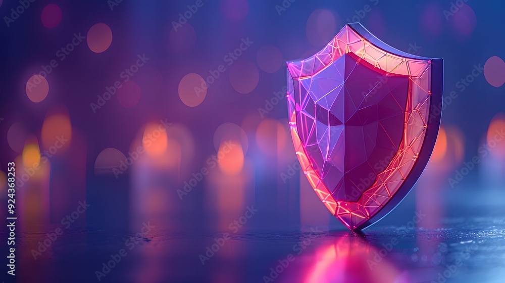 Poster a glowing pink shield in a futuristic setting with bokeh lights, representing cybersecurity, protect