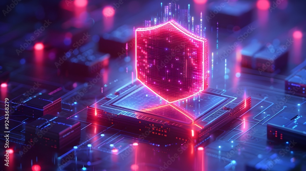 Poster a glowing red shield icon on a microchip circuit board depicting cybersecurity and digital protectio