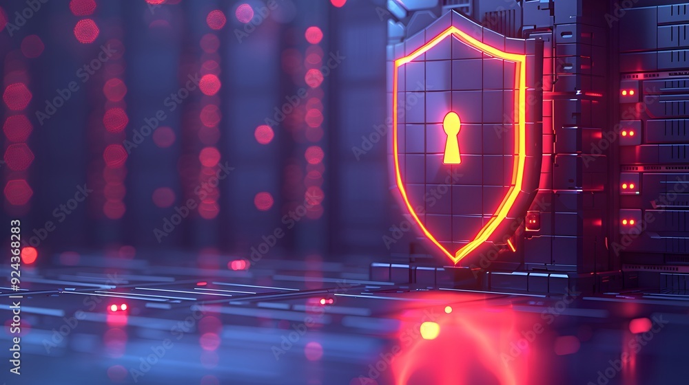 Poster a glowing red security shield in a digital data center, symbolizing cybersecurity, data protection, 