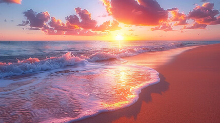 Wave of silent Pink Beach with sunset showing the beautiful Landscape 