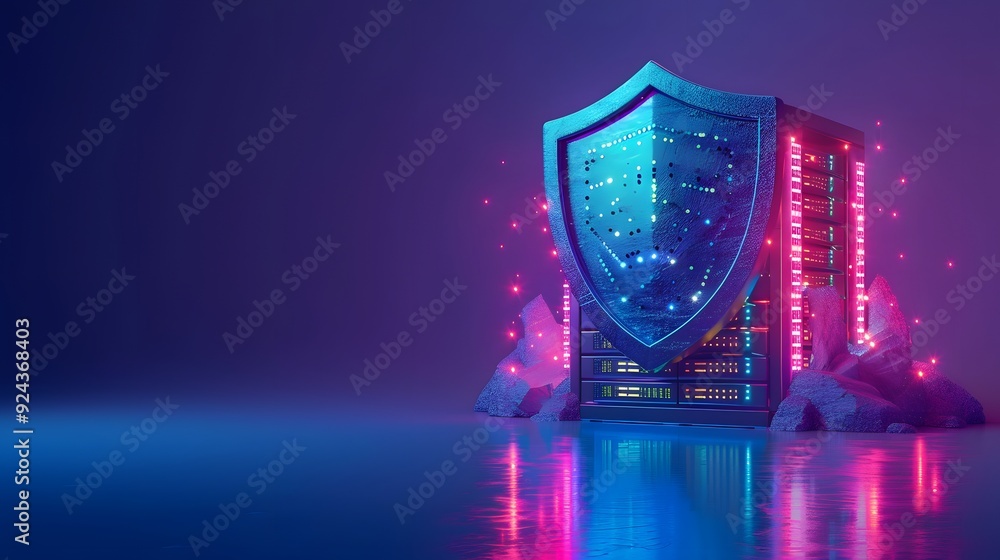 Poster a glowing server with a shield symbolizing cybersecurity and data protection in a digital environmen