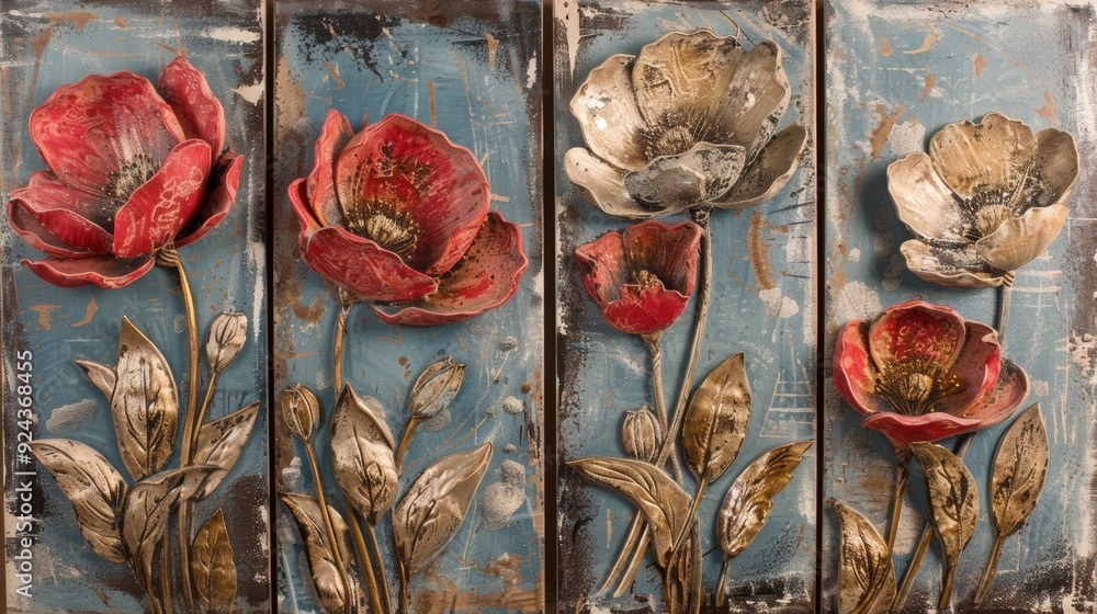 Poster a set of four canvas paintings each with a different bold raised floral pattern and a distressed tex