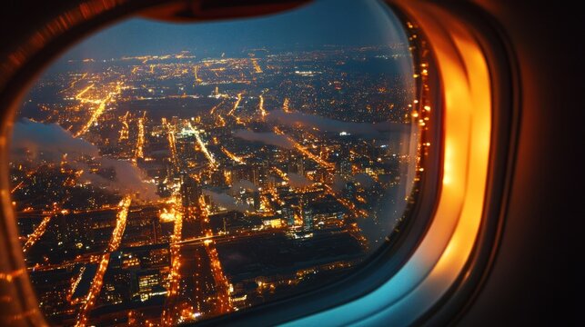 Fototapeta Night City Lights from Airplane Window