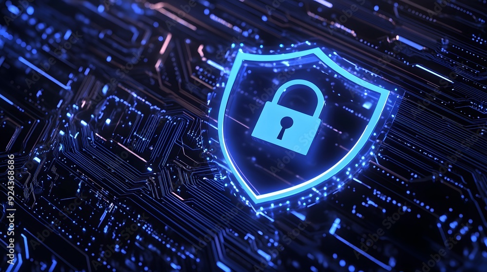 Poster a glowing shield with a lock icon on a digital circuit board background, symbolizing cybersecurity, 