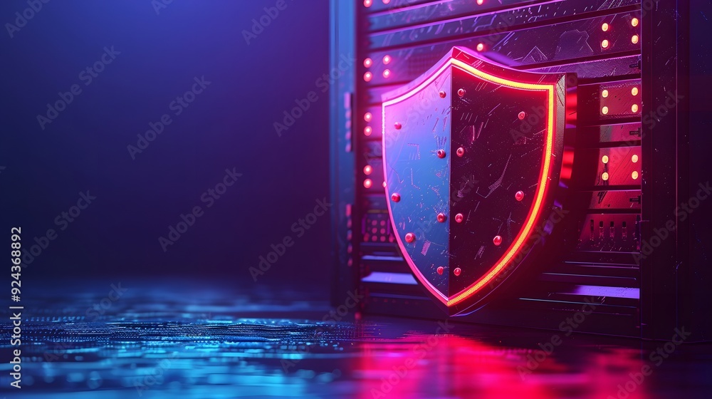 Poster a neon shield symbol in front of a server rack denotes cybersecurity and data protection in a modern