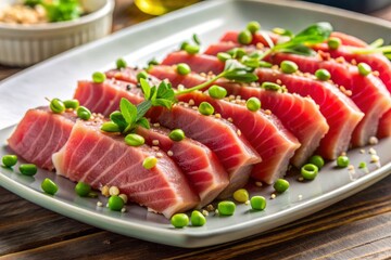Freshly sliced Maguro tuna sashimi arranged artfully on a white plate, garnished with thinly sliced green onions and a sprinkle of sesame seeds.