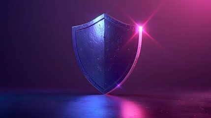 A metallic shield with glowing effects represents security and protection in a futuristic, neon-lit environment.
