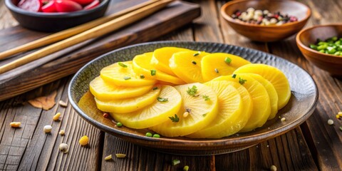 Vibrant yellow slices of takuan, a Japanese pickled daikon radish, arranged on a rustic wooden table, adding a pop of color to a traditional meal.