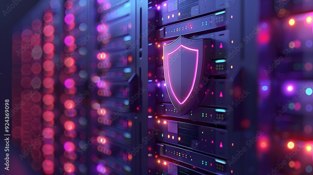 Poster a row of secure servers with glowing lights and a shield symbol, representing cybersecurity and data