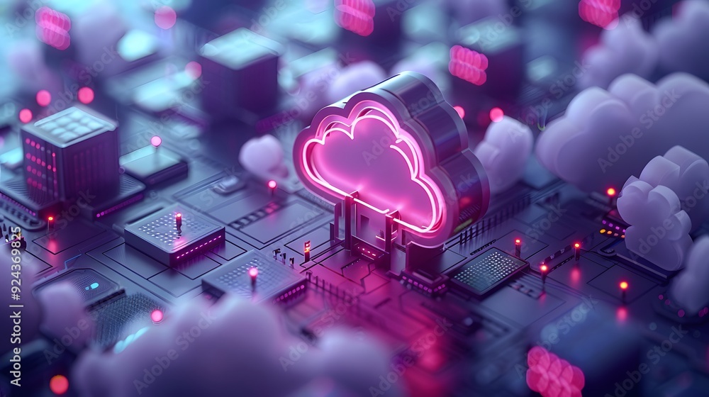 Poster abstract representation of cloud computing in a data center with neon lights, illustrating modern di