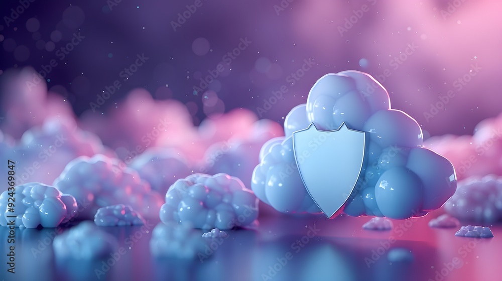 Poster abstract representation of cloud security with shield symbol among clouds, highlighting data protect