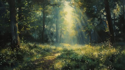 Fototapeta premium An allegory of redemption portrayed through a dark forest clearing into a bright