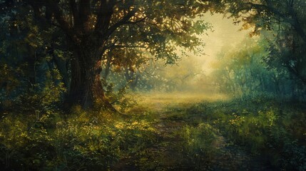 An allegory of redemption portrayed through a dark forest clearing into a bright