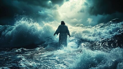 Fototapeta premium An image of Jesus as the Savior walking on water during a stormy night