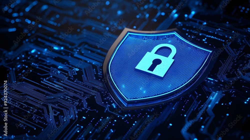 Poster blue padlock shield on digital background, representing cybersecurity and data protection in a techn