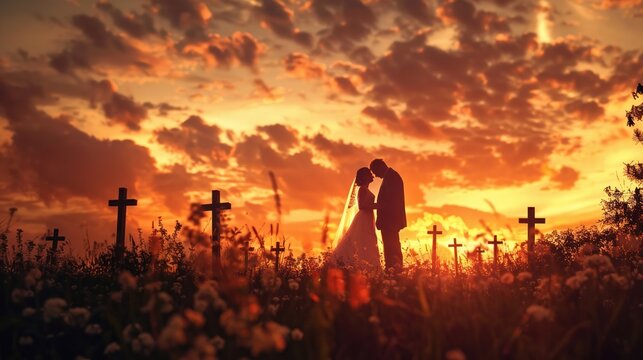 Divine love shown in a tableau of a couple renewing their wedding vows under a cross-strewn sky.