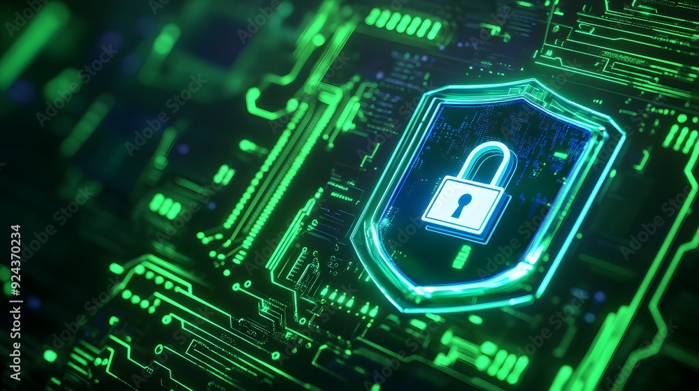 Poster close-up of a digital lock symbol on a circuit board, representing cyber security and data protectio