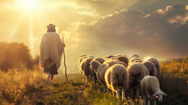 Jesus Christ as a shepherd gently guiding a flock of sheep