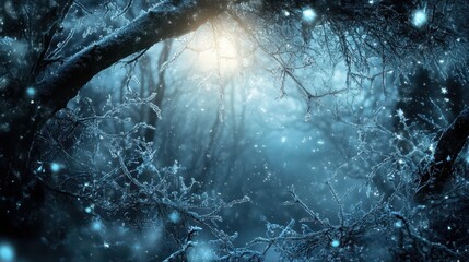 An enchanted forest with icecovered branches, sparkling snowflakes, and soft moonlight illuminating a peaceful winter night