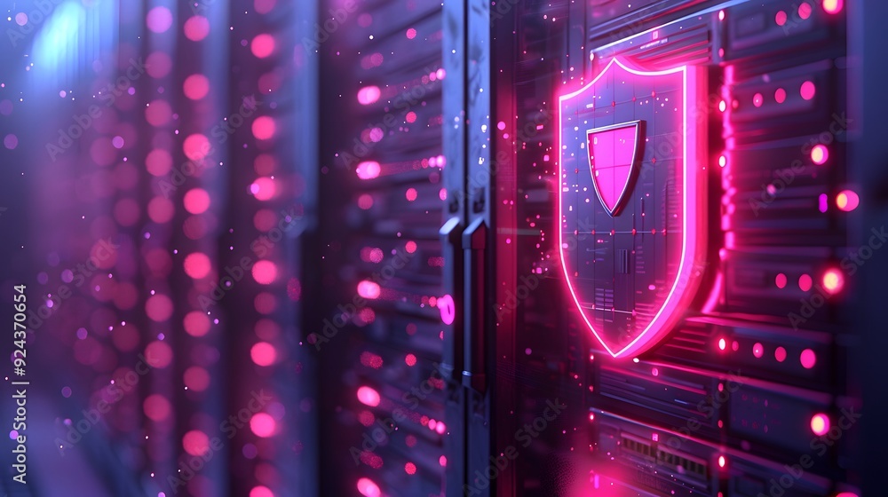 Poster close-up of server racks with a glowing shield icon representing cybersecurity and data protection i