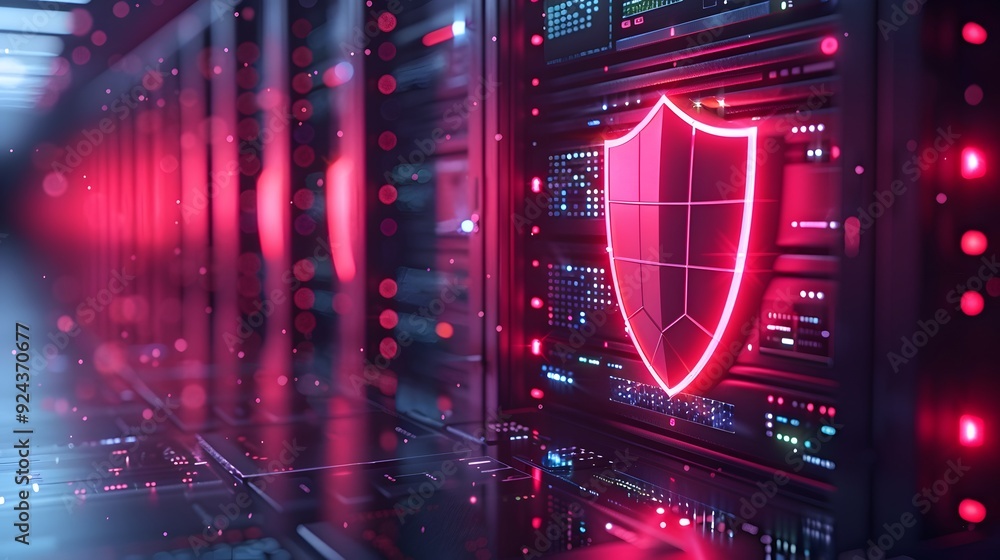 Poster close-up of server racks with illuminated red shield icon, symbolizing cybersecurity and data protec