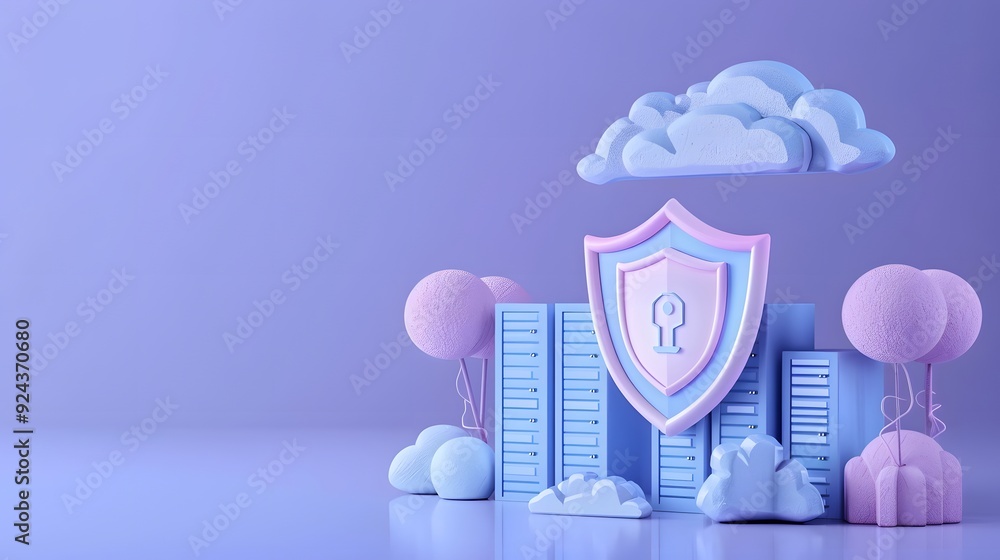 Poster cloud security concept in pastel colors with data servers and a shield. modern 3d illustration refle