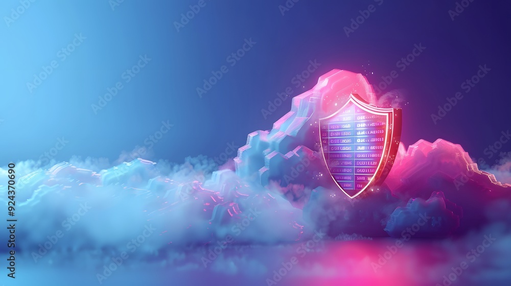 Poster cloud security concept with a glowing shield, representing data protection and cybersecurity in a di