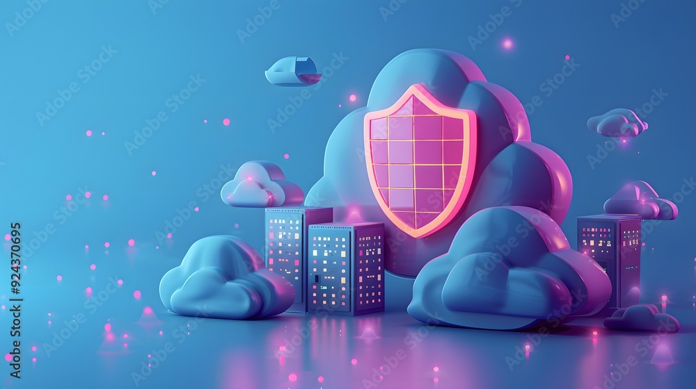 Poster cloud security concept with a protective shield on cloud structures, representing data protection an