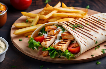 Grilled Paneer Shawarma Wrap with Garlic Sauce and Fries