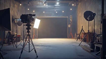 A film set with a camera, lighting, and a backdrop ready for production.
